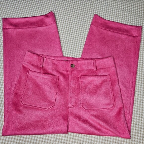 Bagatelle Funky Boho Pink Peacock Velour Wide Leg Cropped Zip Front Pants - Picture 1 of 13